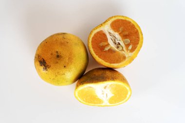 Üç portakal, iki yarım ve bir bütün, düz beyaz arka planda dinleniyor. Portakalların biraz kusurlu bir görünüşü var..