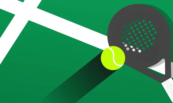 Resimlerde düz A yeşil padel kort bir padel raket ve parlak sarı bir top gösteriyor.