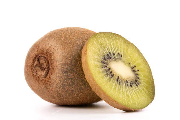 A fresh kiwi is shown as a whole one sits next to a half sliced one on a white background.