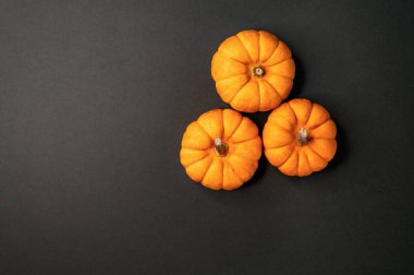 Üç küçük turuncu balkabağı koyu bir arkaplanda dizilmiş. Sonbahar temalı tasarımlar ve kopyalama alanı için ideal. Üst görünüm.