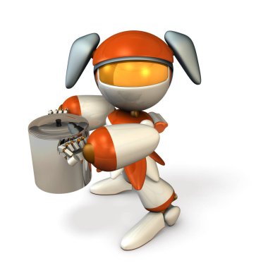 Büyük bir pot tutan bir şirin robot. Özel yemekler eğlenceli bir kız. 3D render