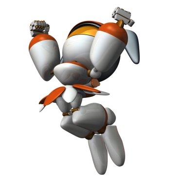 Sevimli robot etkilendim atlamak için. Üstte iki elin var. 3D render