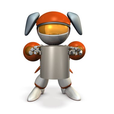 Büyük bir pot tutan bir şirin robot. Özel yemekler eğlenceli bir kız. 3D render