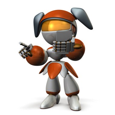 Sevimli robot bir şey işaret ediyor. o taraftan bir akıllı telefon vardır. 3D çizim