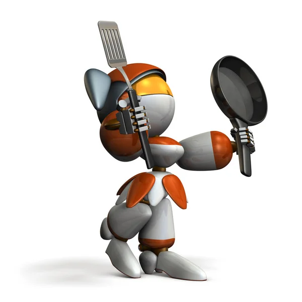 Cute robot with cooking utensils. She is proud of the skill of cooking. 3D illustration