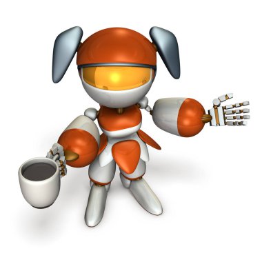 Bir kahve alır ve kendini tanıtır şirin bir robot. 3D çizim