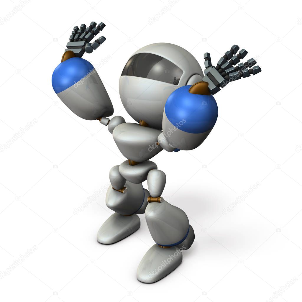 A cute robot that stands by raise both hands. 3D illustration