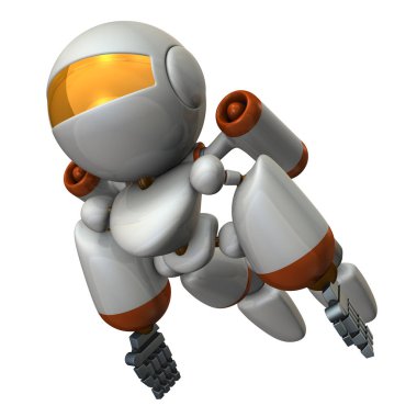 Gökyüzünde uçan serin robot. Güçlü cesur. 3D çizim