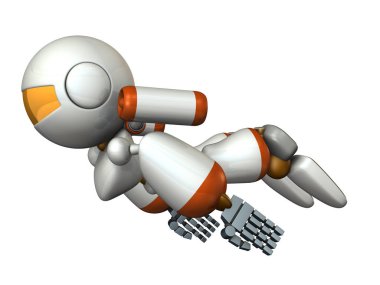 Gökyüzünde uçan serin robot. Güçlü cesur. 3D çizim