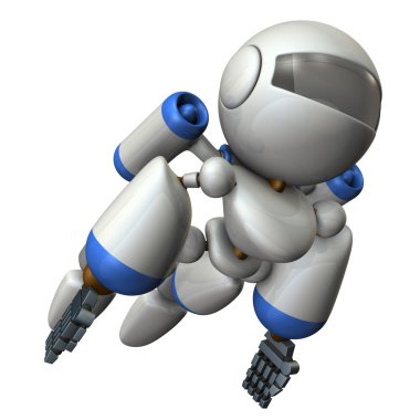 Gökyüzünde uçan serin robot. Güçlü cesur. 3D çizim