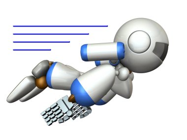 Gökyüzünde uçan serin robot. Güçlü cesur. 3D çizim