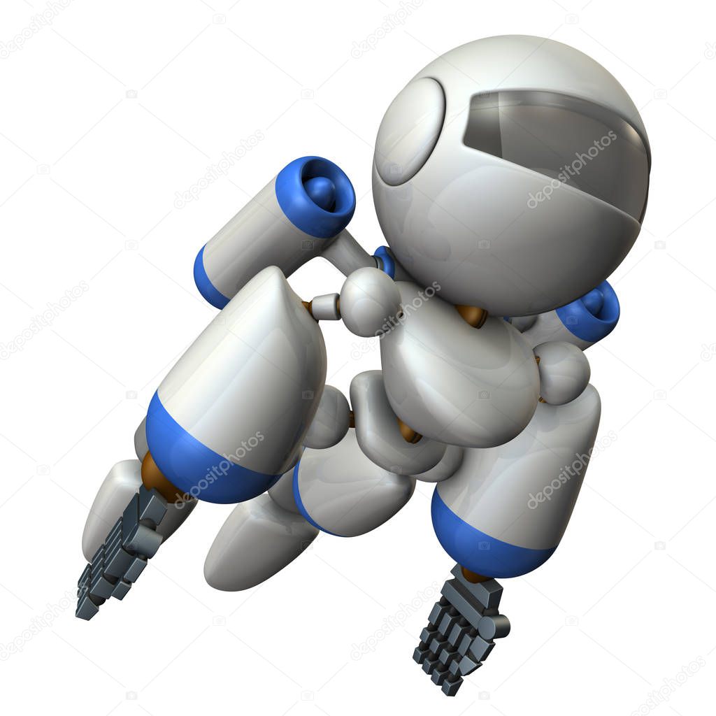 Cool robot flying in the sky. It is strongly brave.  3D illustration