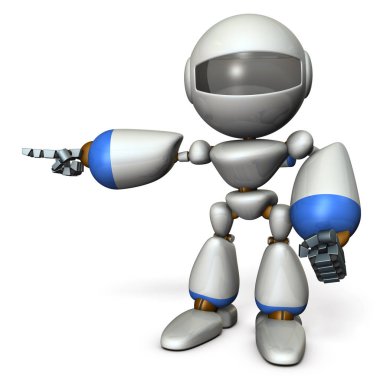 Sola doğru işaret eden sevimli robot. Git yönünü gösterir. 3D çizim