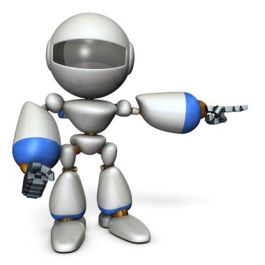 A cute robot that points to the right. It shows the direction to go. 3D illustration clipart