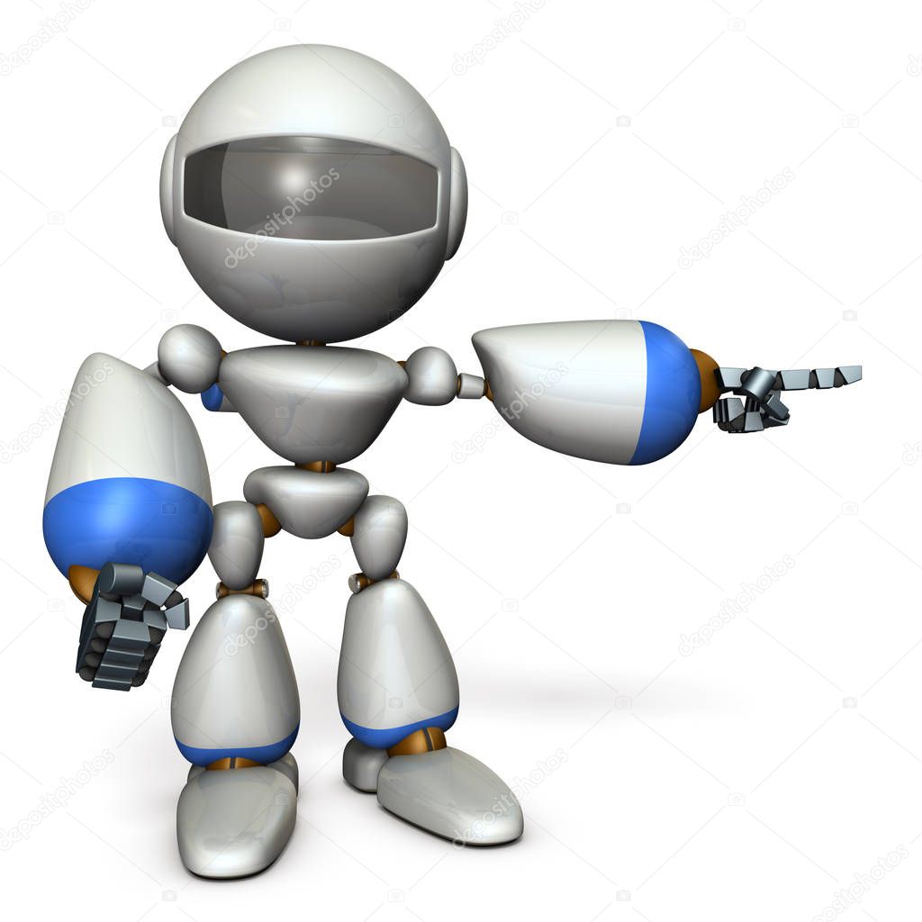 A cute robot that points to the right. It shows the direction to go. 3D illustration