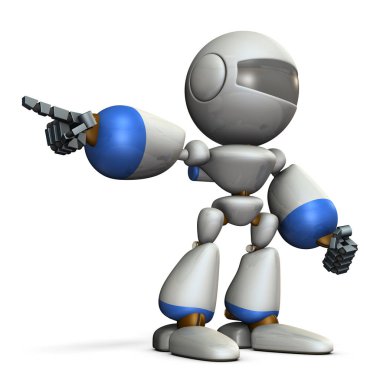 Sola doğru işaret eden sevimli robot. Git yönünü gösterir. 3D çizim