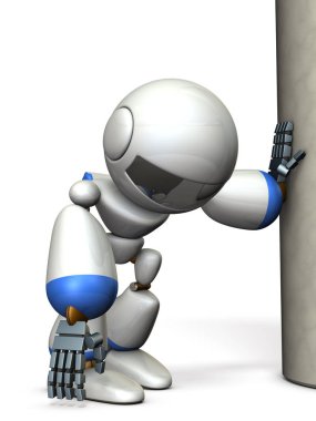 Bir ayağı üzerinde asılı bir robot. Bitkin durumda. 3D çizim