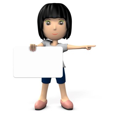 Bir mesaj panosu tutan bir kadın. Sağ tarafına işaret eder. 3D çizim