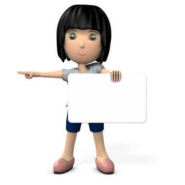 Bir mesaj panosu tutan bir kadın. Sol tarafına işaret eder. 3D çizim