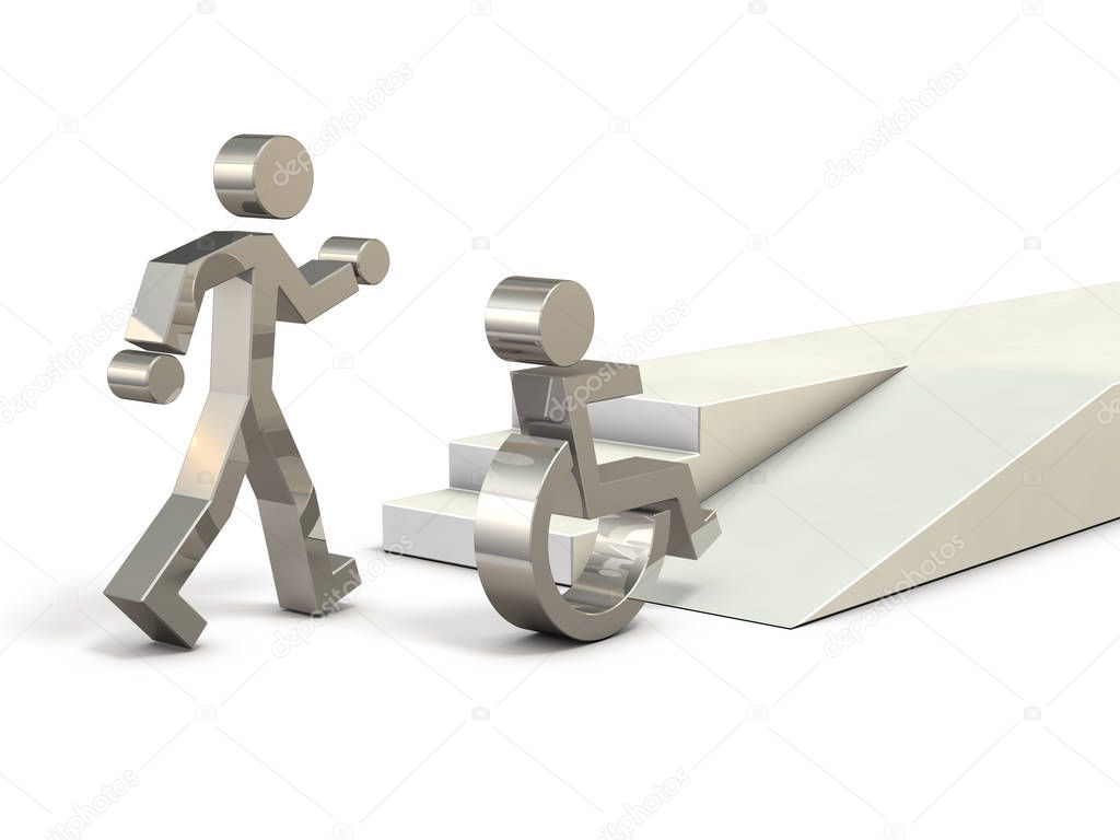 Abstract 3DCG representing a barrier-free society. 3D illustration. Symbols of a healthy person and a person who got on a wheelchair.