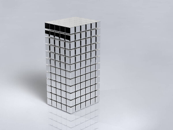 Модель современного здания с зеркальной поверхностью. 3D иллюстрация
