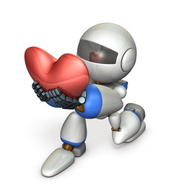 Samimiyet göstermek için sadakat sözü şirin bir robot. Bir büyük kalp işareti. 3D çizim