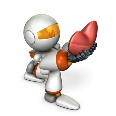 Samimiyet göstermek için sadakat sözü şirin bir robot. Bir büyük kalp işareti. 3D çizim