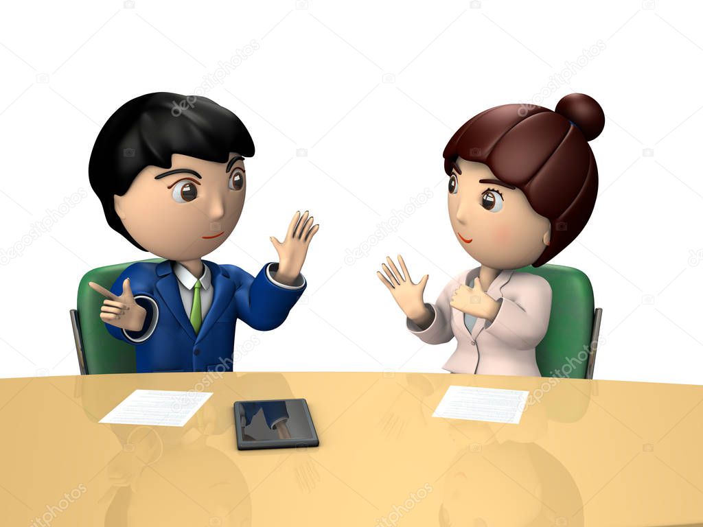 Male and female business people to discuss in the conference room. They are business partners who exchanges views constructively. 3D rendering