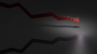 Yavaş yavaş iner aşağı inen ok. Koyu arka plan. Ekonomi düşüş anlamına gelir. 3D çizim