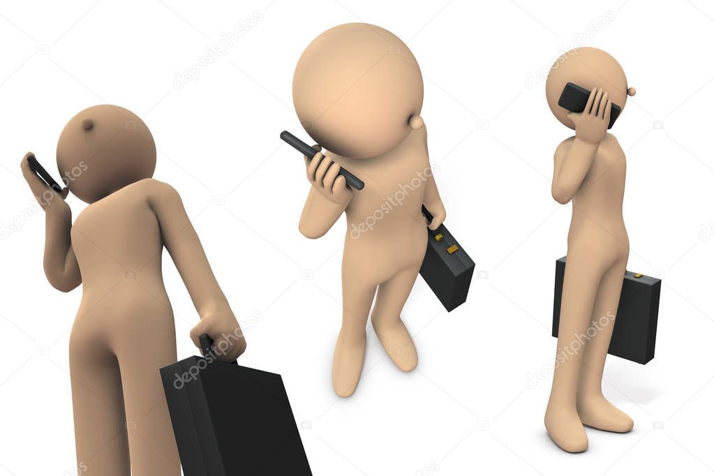 A character of a businessman in a call using a smartphone. It is a set of three camera angles.  3D illustration
