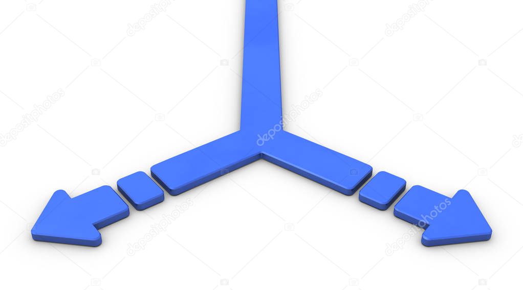 Arrow branching to the left and right. It represents two choices. 3D illustration