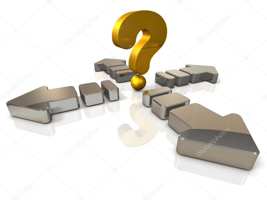 A large arrow extending in the front and back and left and right. A big question mark is a symbol representing unpredictable confusion. White background. 3D illustration