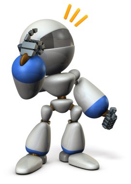 Onun başında kendini gösteren bir şirin robot. Güven dolu. Beyaz arka plan. 3D çizim.