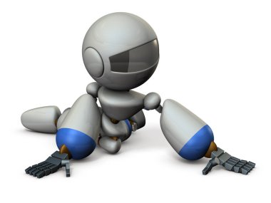 Yerde yatarken acınası bir robot. Bu hayal kırıklığı dolu. Beyaz arka plan. 3D çizim.
