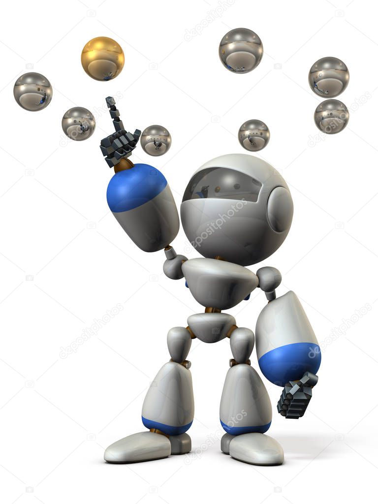 Multiple choices. The robot equipped with AI selects the optimum answer. 3D illustration. White background. Abstract image.