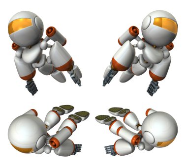 Gökyüzünde uçan serin robot. Güçlü cesur. 3D çizim