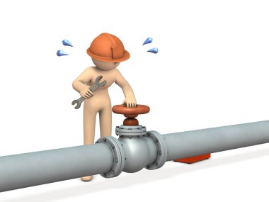 Kalın bir boru ve Vana önünde onarır bir mühendis. O çalışıyor. Beyaz arka plan. 3D çizim.