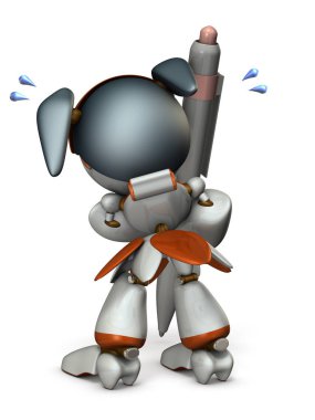 Bir kadın robot bir işaret büyük bir kalemle yazıyor. Bu bir şey bir sözdür. Beyaz arka plan. 3D çizim. Arka görünüm.