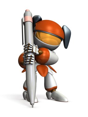 Bir kadın robot bir işaret büyük bir kalemle yazıyor. Bu bir şey bir sözdür. Beyaz arka plan. 3D çizim.