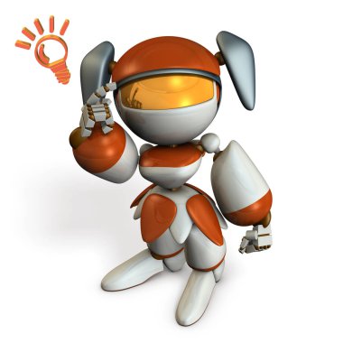 Sevimli robot yeteneği, başını işaret sahiptir. 3D çizim. Beyaz arka plan.