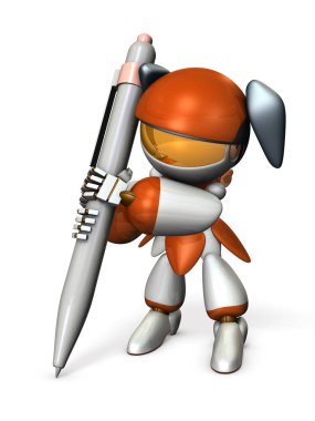 Bir kadın robot bir işaret büyük bir kalemle yazıyor. Bu bir şey bir sözdür. Beyaz arka plan. 3D çizim.