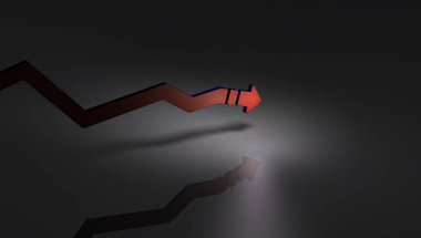 Yavaş yavaş iner aşağı inen ok. Koyu arka plan. Ekonomi düşüş anlamına gelir. 3D çizim