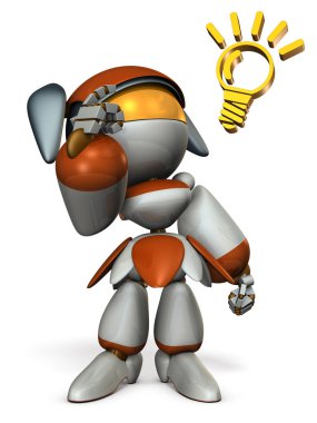  Sevimli robot yeteneği, başını işaret sahiptir. 3D çizim. Beyaz arka plan.