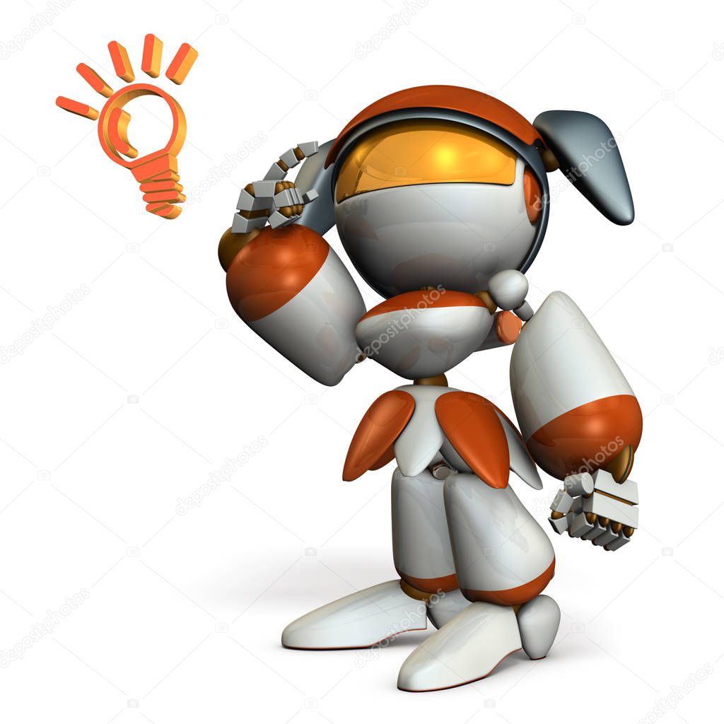  Cute robot boasts ability, pointing its head. 3D illustration.  White background.