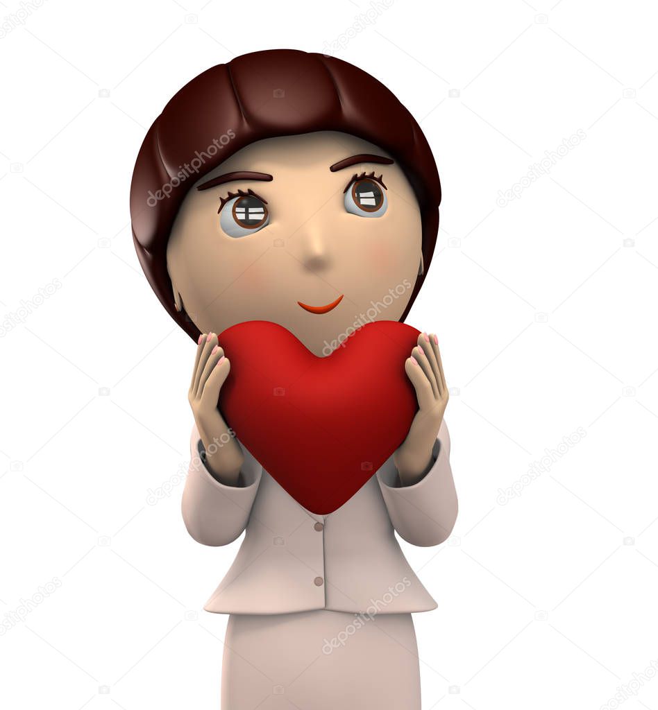 A young lady with big heart mark with both hands. She is wearing a business suit. 3D illustration. Upper eyesight