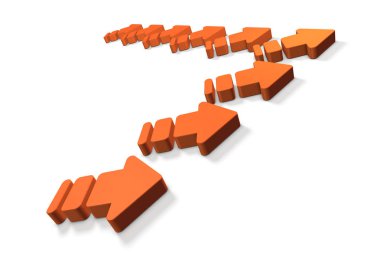 Birden çok okları oluşumu ile ilerliyorlar. İlerleme gösterir. 3D çizim. Beyaz arka plan.