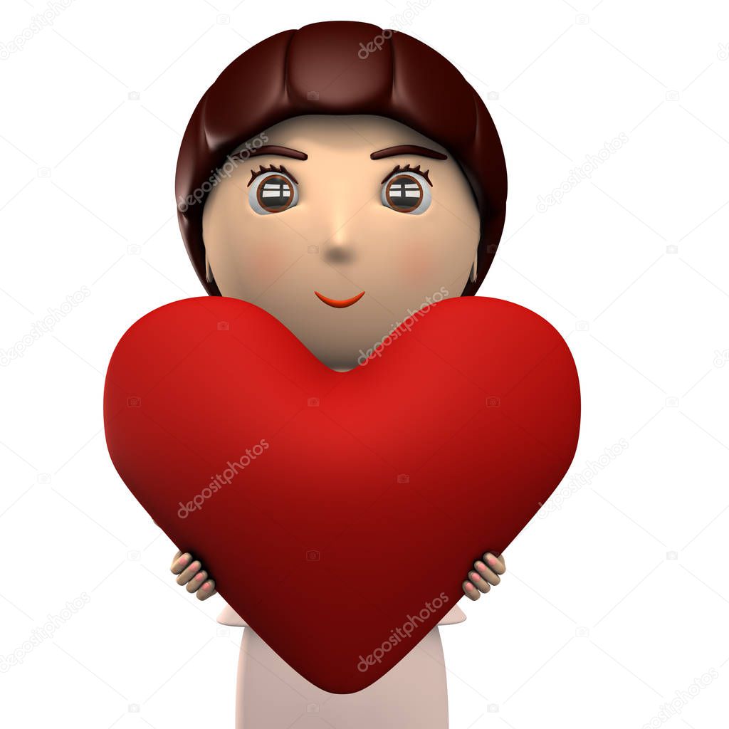 Young woman holding a big heart shape. She is wearing a suit. Ab