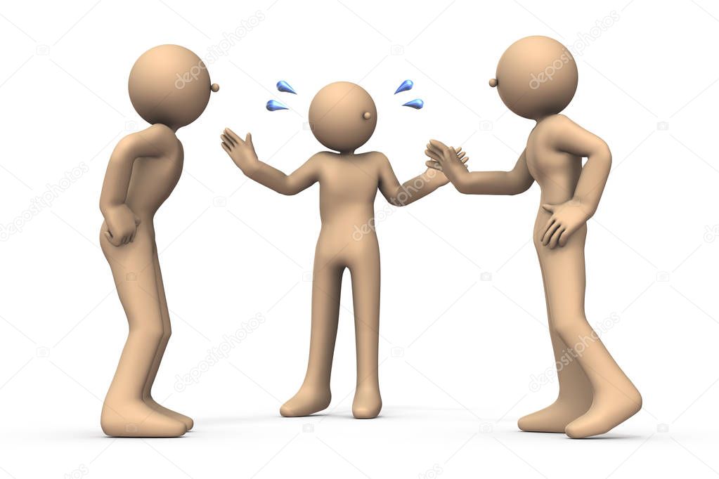 Three people who gather and talk. One of them is arbitrating. An