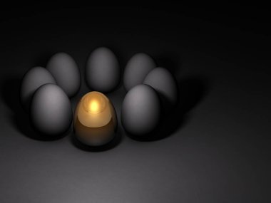 Diğerleri arasında göze çarpan altın bir yumurta. Karanlık arka plan. 3d illu