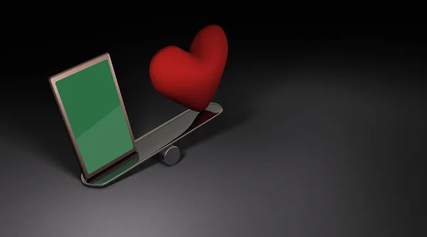 Smart phone and heart symbol on a seesaw. It expresses the darkn